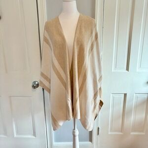 Alfani Womens Medium Novel Poncho Sweater Shawl Tan White Knit Open Front NEW